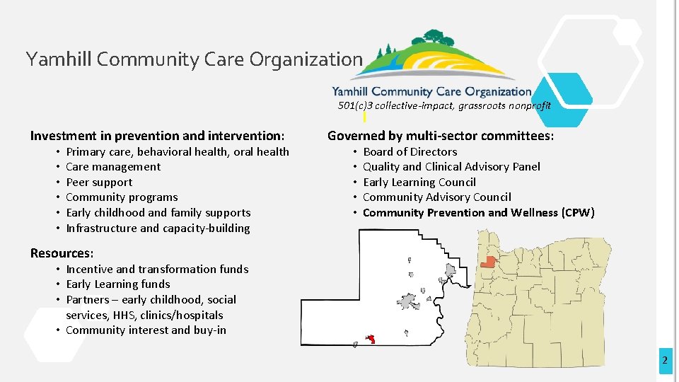 Yamhill Community Care Organization 501(c)3 collective-impact, grassroots nonprofit Investment in prevention and intervention: •