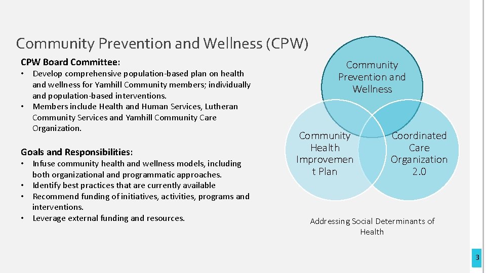 Community Prevention and Wellness (CPW) CPW Board Committee: • Develop comprehensive population-based plan on