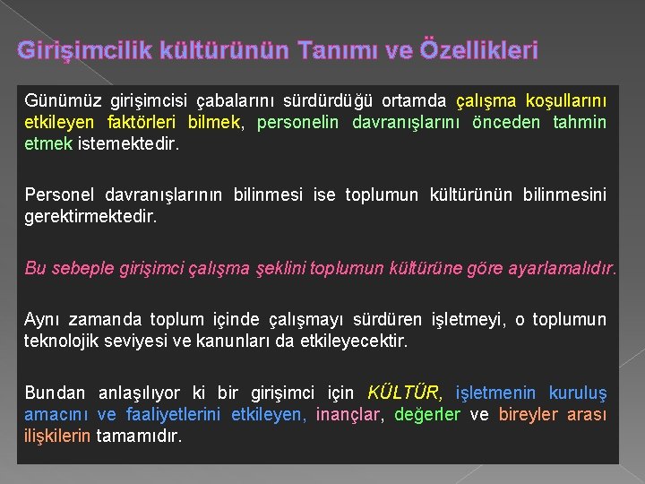 Girişimcilik kültürünün Tanımı ve Özellikleri Günümüz girişimcisi çabalarını sürdürdüğü ortamda çalışma koşullarını etkileyen faktörleri Girişimcilik kültürünün Tanımı ve Özellikleri Günümüz girişimcisi çabalarını sürdürdüğü ortamda çalışma koşullarını etkileyen faktörleri