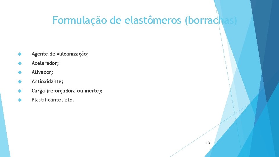 Formulação de elastômeros (borrachas) Agente de vulcanização; Acelerador; Ativador; Antioxidante; Carga (reforçadora ou inerte);