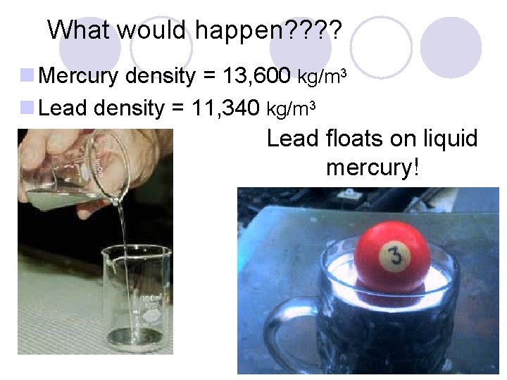 What would happen? ? n Mercury density = 13, 600 kg/m 3 n Lead What would happen? ? n Mercury density = 13, 600 kg/m 3 n Lead