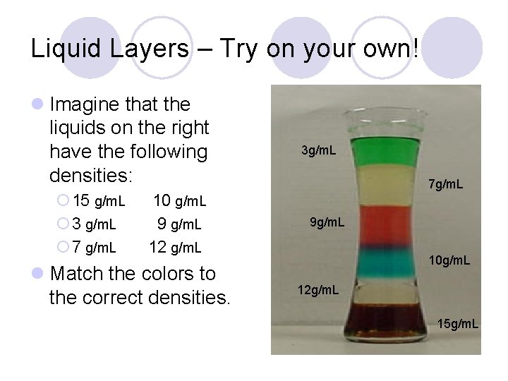 Liquid Layers – Try on your own! l Imagine that the liquids on the Liquid Layers – Try on your own! l Imagine that the liquids on the