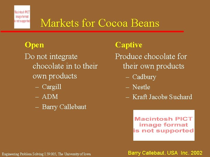 Markets for Cocoa Beans Open Do not integrate chocolate in to their own products