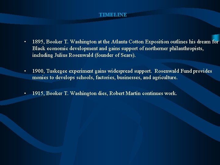 TIMELINE • 1895, Booker T. Washington at the Atlanta Cotton Exposition outlines his dream