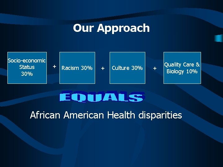 Our Approach Socio-economic Status 30% + Racism 30% + Culture 30% + Quality Care