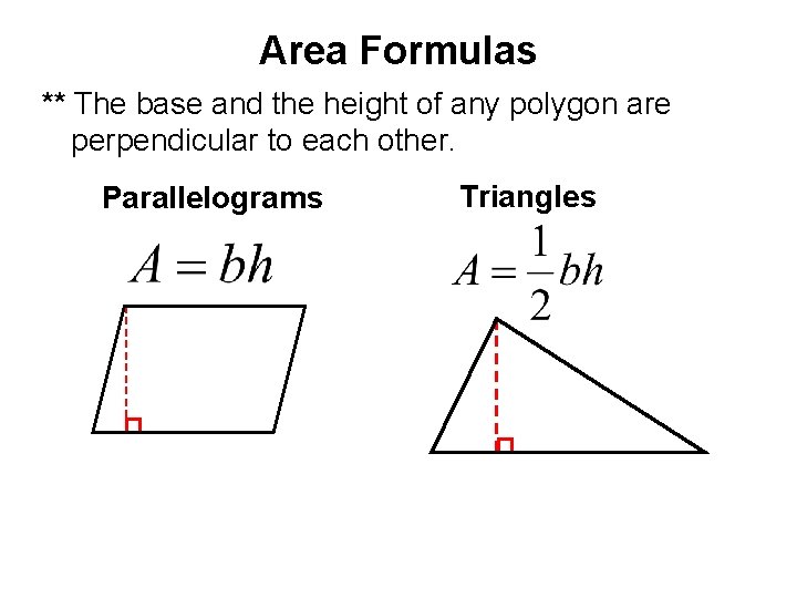 Area Formulas ** The base and the height of any polygon are perpendicular to