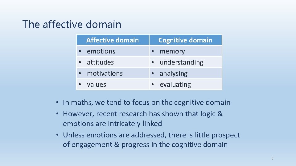 The affective domain Affective domain • emotions • attitudes • motivations Cognitive domain •