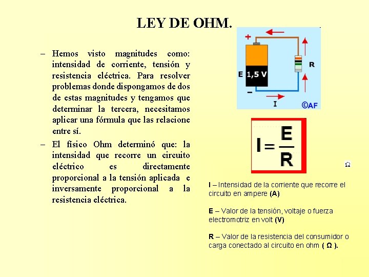 LEY DE OHM. – Hemos visto magnitudes como: intensidad de corriente, tensión y resistencia