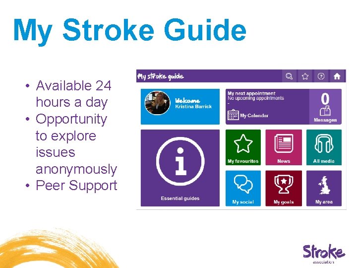 My Stroke Guide • Available 24 hours a day • Opportunity to explore issues My Stroke Guide • Available 24 hours a day • Opportunity to explore issues