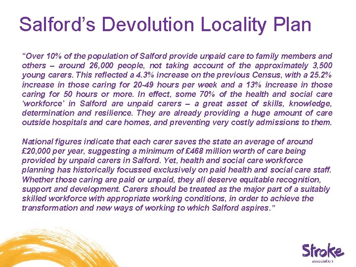 Salford’s Devolution Locality Plan “Over 10% of the population of Salford provide unpaid care Salford’s Devolution Locality Plan “Over 10% of the population of Salford provide unpaid care