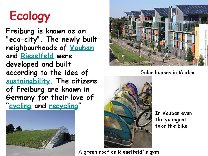 Ecology Freiburg is known as an "eco-city". The newly built neighbourhoods of Vauban and