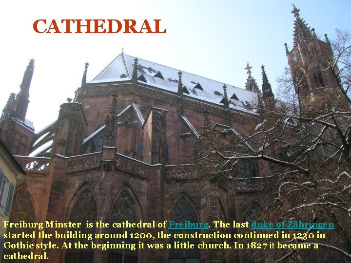 CATHEDRAL Freiburg Minster is the cathedral of Freiburg. The last duke of Zähringen started CATHEDRAL Freiburg Minster is the cathedral of Freiburg. The last duke of Zähringen started