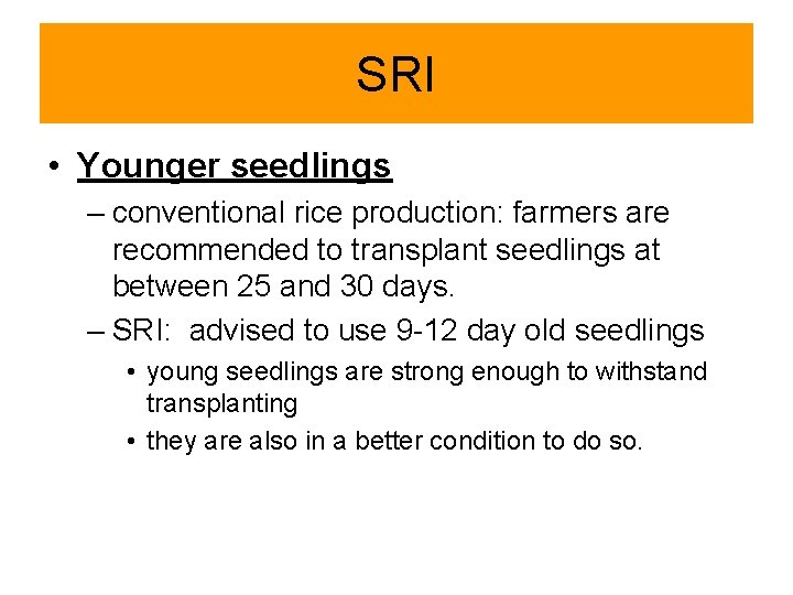 SRI • Younger seedlings – conventional rice production: farmers are recommended to transplant seedlings