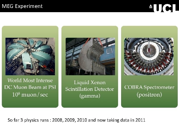 MEG Experiment So far 3 physics runs : 2008, 2009, 2010 and now taking