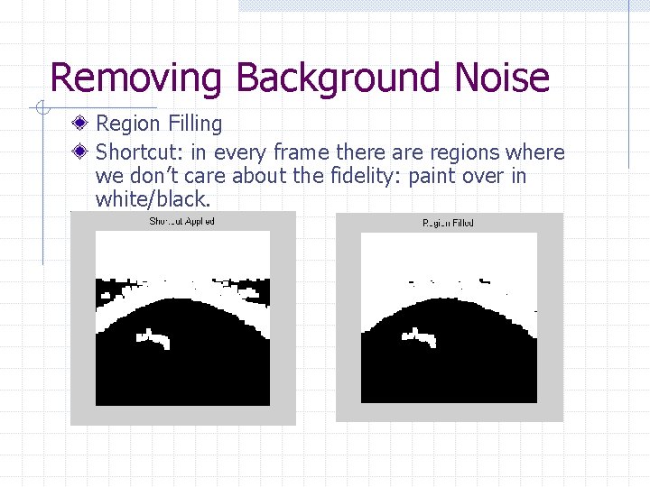 Removing Background Noise Region Filling Shortcut: in every frame there are regions where we