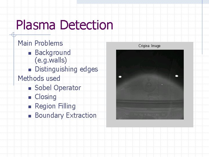 Plasma Detection Main Problems n Background (e. g. walls) n Distinguishing edges Methods used