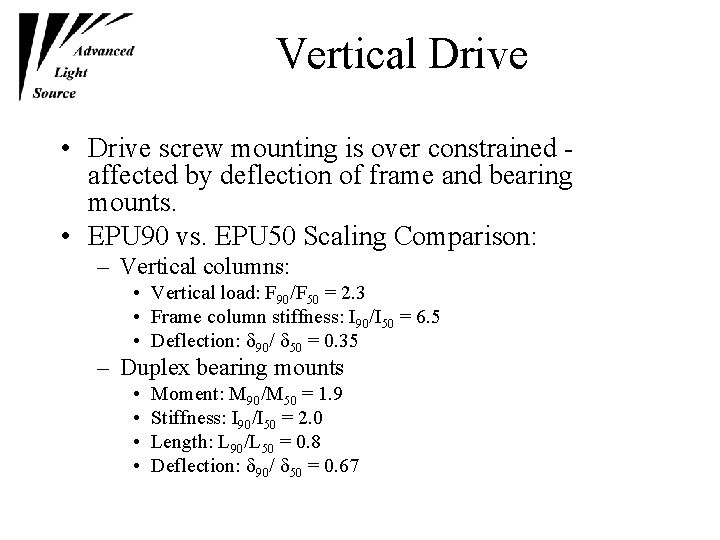 Vertical Drive • Drive screw mounting is over constrained affected by deflection of frame Vertical Drive • Drive screw mounting is over constrained affected by deflection of frame