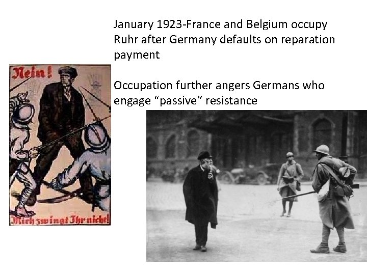 January 1923 -France and Belgium occupy Ruhr after Germany defaults on reparation payment Occupation