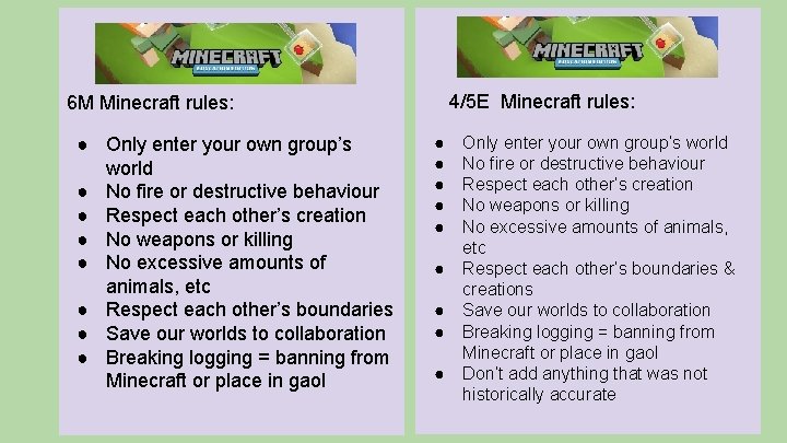 4/5 E Minecraft rules: 6 M Minecraft rules: ● Only enter your own group’s 4/5 E Minecraft rules: 6 M Minecraft rules: ● Only enter your own group’s