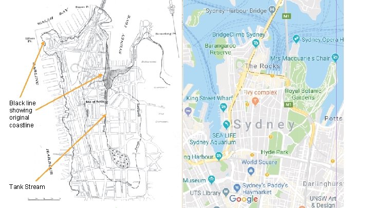 Black line showing original coastline Tank Stream Black line showing original coastline Tank Stream