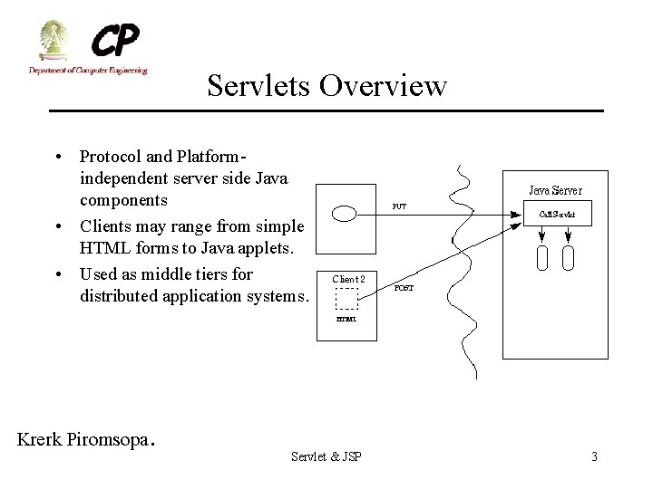 Servlets Overview • Protocol and Platformindependent server side Java components • Clients may range