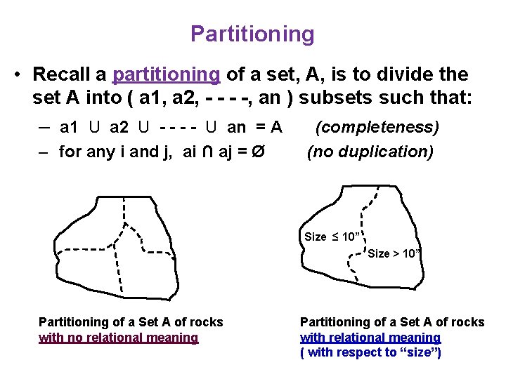 Partitioning • Recall a partitioning of a set, A, is to divide the set