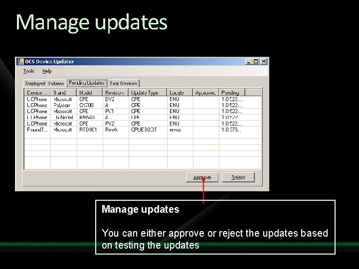 Manage updates You can either approve or reject the updates based on testing the