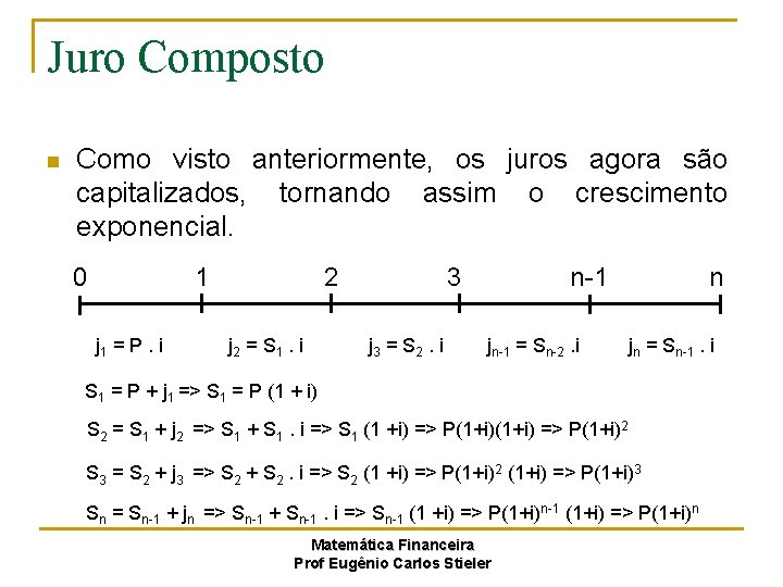 Juro Composto n Como visto anteriormente, os juros agora são capitalizados, tornando assim o