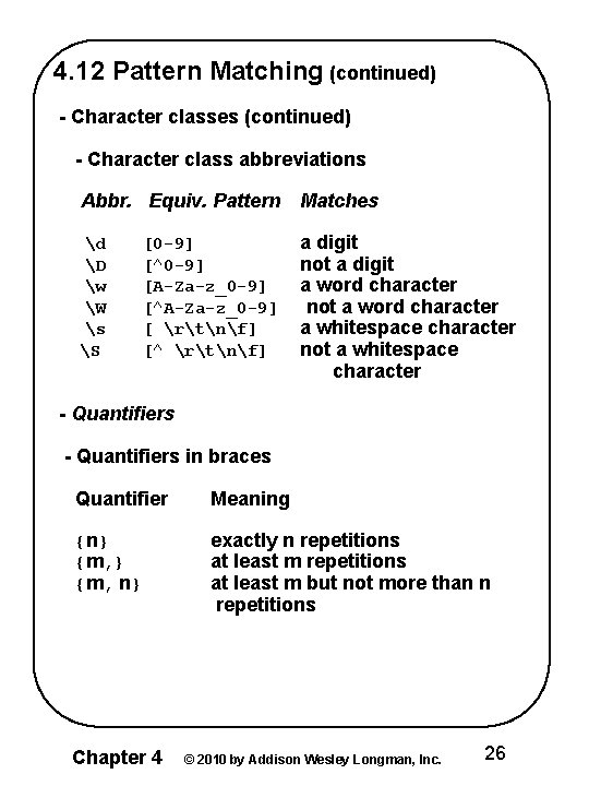 4. 12 Pattern Matching (continued) - Character classes (continued) - Character class abbreviations Abbr.