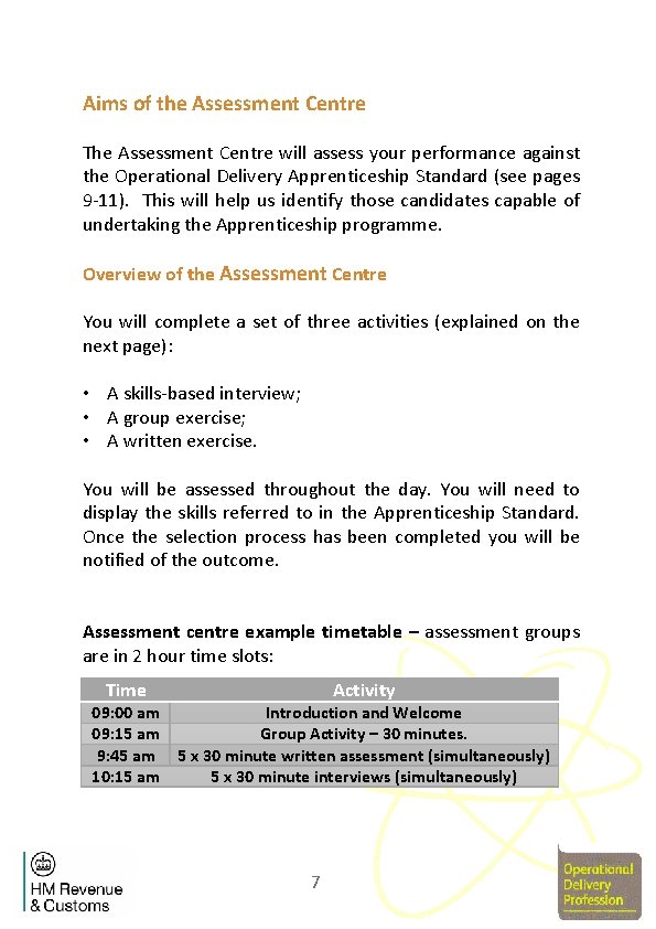 Aims of the Assessment Centre The Assessment Centre will assess your performance against the
