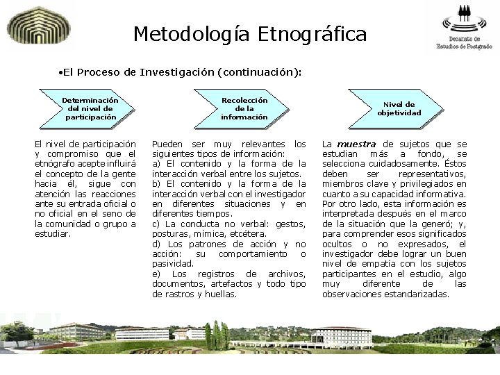 Metodología Etnográfica • El Proceso de Investigación (continuación): Determinación del nivel de participación El