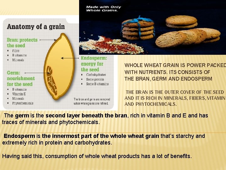 WHOLE WHEAT GRAIN IS POWER PACKED WITH NUTRIENTS. ITS CONSISTS OF THE BRAN, GERM