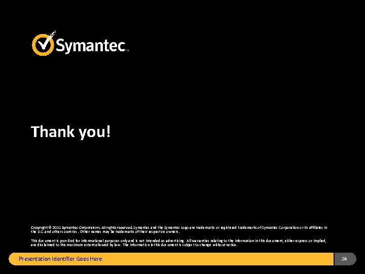 Thank you! Copyright © 2011 Symantec Corporation. All rights reserved. Symantec and the Symantec