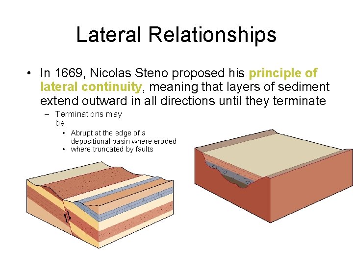 Lateral Relationships • In 1669, Nicolas Steno proposed his principle of lateral continuity, meaning