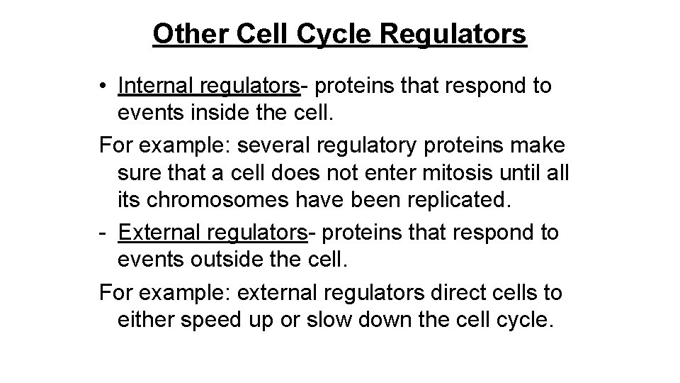 Other Cell Cycle Regulators • Internal regulators- proteins that respond to events inside the