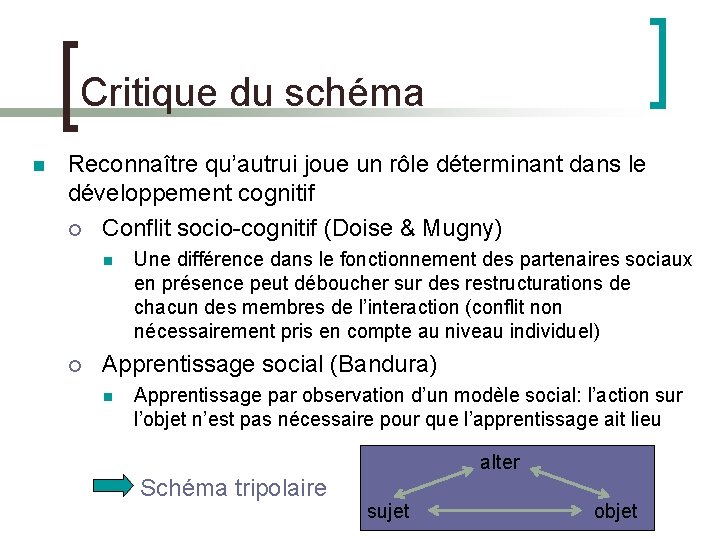 Critique du schéma Reconnaître qu’autrui joue un rôle déterminant dans le développement cognitif Conflit
