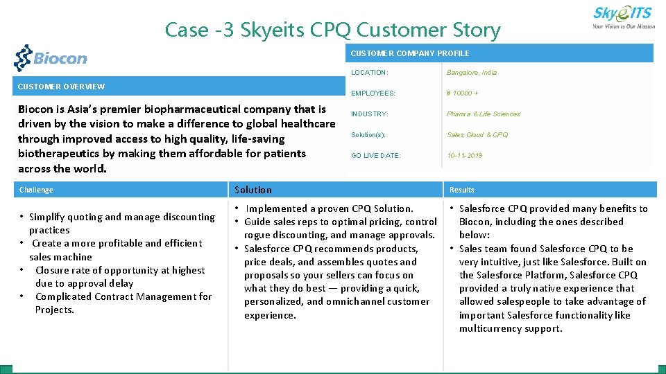 Case -3 Skyeits CPQ Customer Story CUSTOMER COMPANY PROFILE CUSTOMER OVERVIEW Biocon is Asia’s
