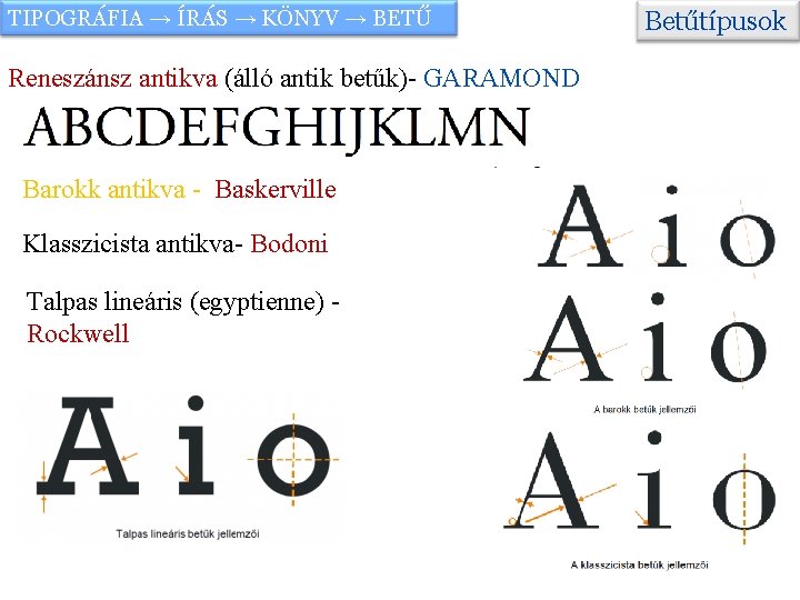 TIPOGRÁFIA → ÍRÁS → KÖNYV → BETŰ Reneszánsz antikva (álló antik betűk)- GARAMOND Barokk