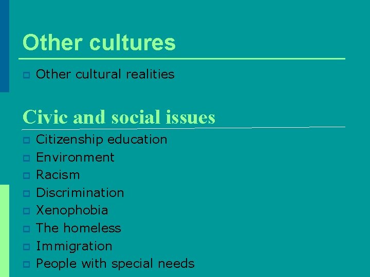 Other cultures p Other cultural realities Civic and social issues p p p p