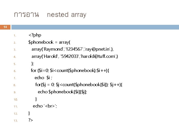 การอาน nested array 14 1. <? php 2. $phonebook = array( 3. array('Raymond', '1234567',