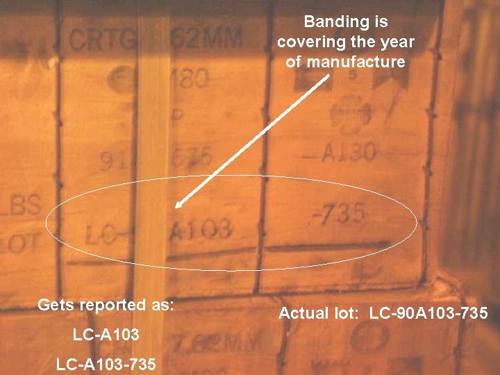 Banding is coveringthe theyear ofofmanufacture Getsreportedas: LC-A 103 -735 Actuallot: LC-90 A 103 -735