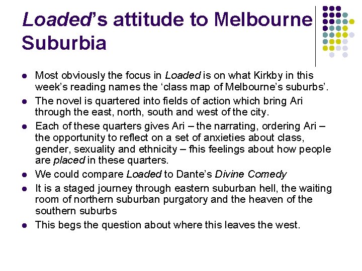 Loaded’s attitude to Melbourne Suburbia l l l Most obviously the focus in Loaded