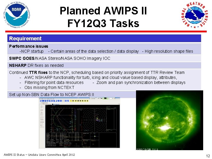 Planned AWIPS II FY 12 Q 3 Tasks Requirement Performance issues -NCP startup -