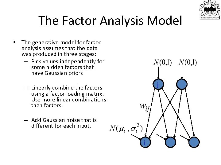 The Factor Analysis Model • The generative model for factor analysis assumes that the