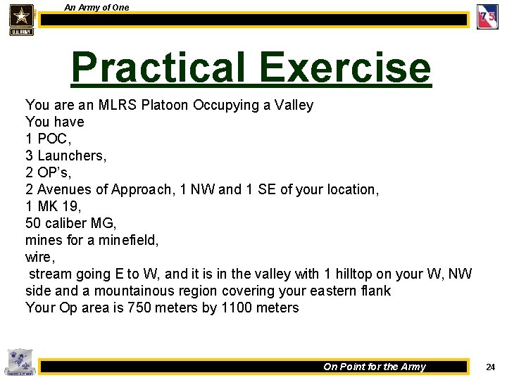 An Army of One Practical Exercise You are an MLRS Platoon Occupying a Valley