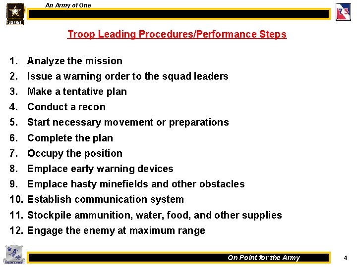 An Army of One Troop Leading Procedures/Performance Steps 1. Analyze the mission 2. Issue