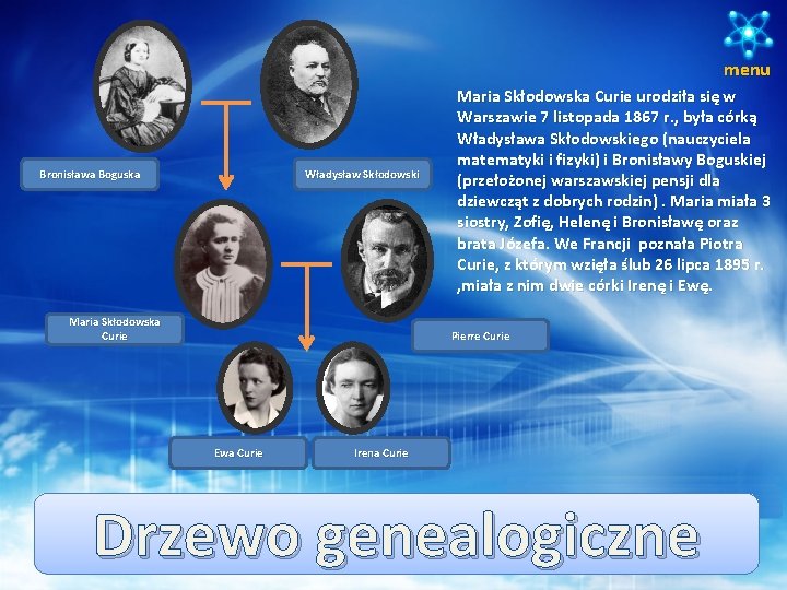 menu Bronisława Boguska Władysław Skłodowski Maria Skłodowska Curie urodziła się w Warszawie 7 listopada