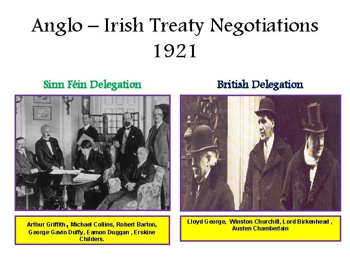 Anglo – Irish Treaty Negotiations 1921 Sinn Féin Delegation British Delegation Arthur Griffith, Michael