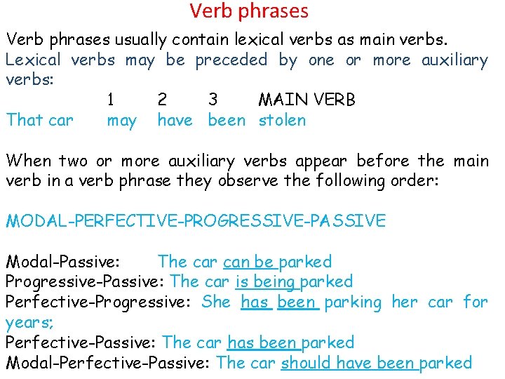 Verb phrases usually contain lexical verbs as main verbs. Lexical verbs may be preceded