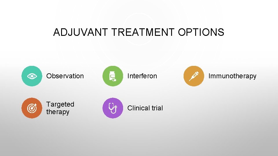 ADJUVANT TREATMENT OPTIONS Observation Interferon Targeted therapy Clinical trial Immunotherapy 